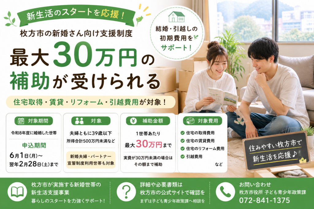 枚方市】新婚世帯に最大三十万円の住宅補助｜対象条件と相談先